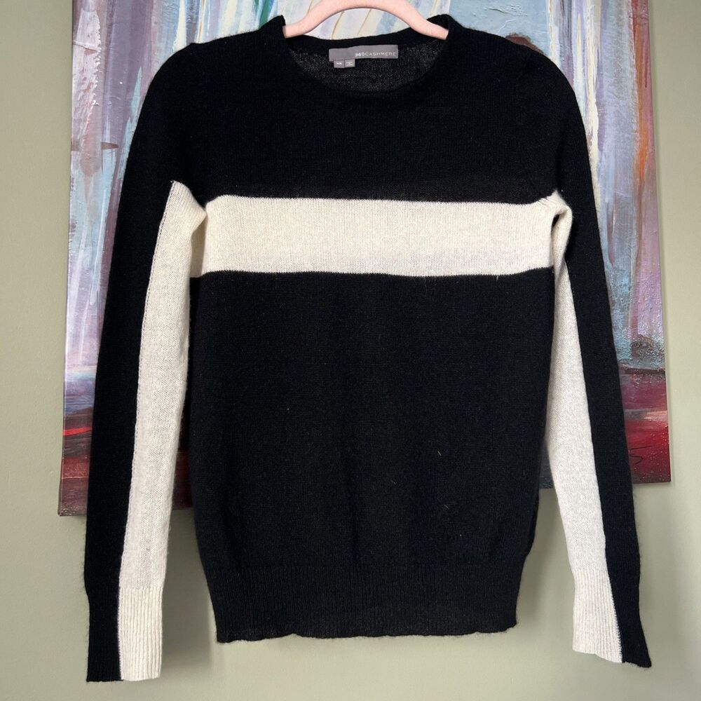 360 Cashmere Sz XS 100% Cashmere Black White Striped Pullover Sweater VERY GOOD